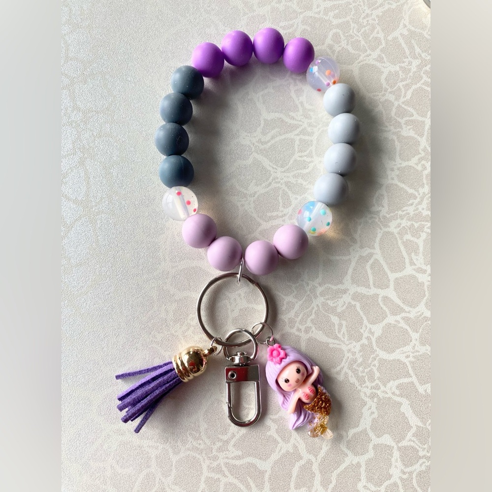 Purple and Gray Beaded Keychain Wristlet with Mermaid Charm